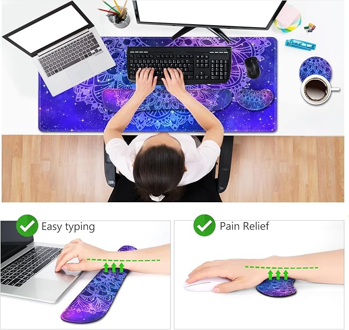 AIMSA Keyboard Mouse Pad Set Large Gaming Mouse Pad +Wrist Rest Mouse Pad +Keyboard Wrist Support +Coaster 35x15.7 inch Extended Desk Mat for Easy Typing Pain Relief (Blue Purple Mandala)