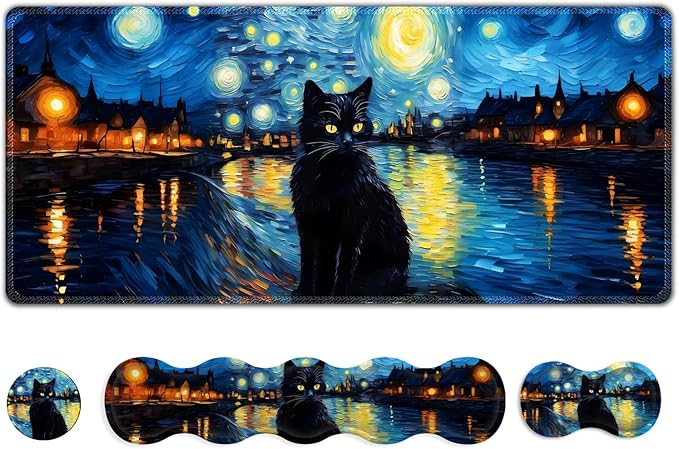 Desk Mat Gaming Mouse Pad Cute Desk Matt Keyboard Wrist Rest for Desktop Anti-Slip Mousepad Stitched Edges XXL Large Mouse Pad with Wrist Support for Home Office I Van Gogh Starry Night Cat