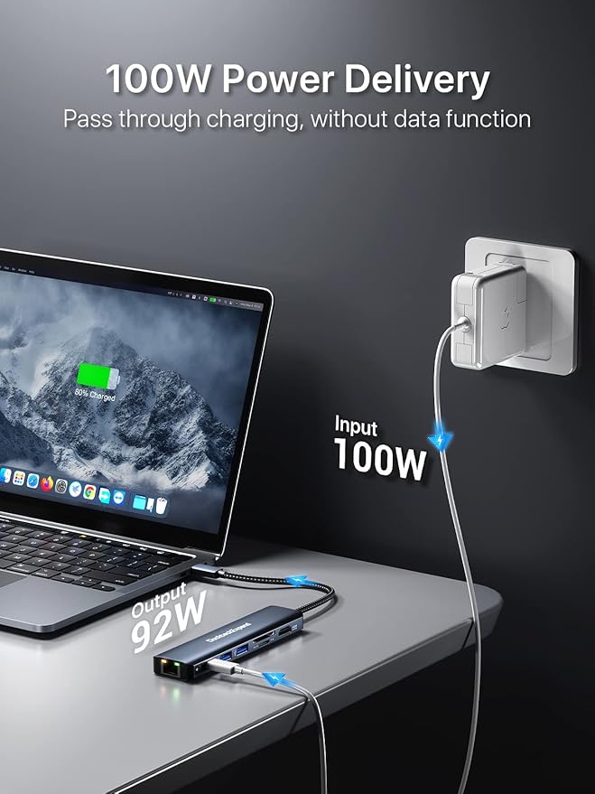 USB C Hub Ethernet DockteckExpand 7-in-1 Multiport Adapter Type C to 4K@60Hz HDMI Gigabit Ethernet 100W PD Charging 2 USB 3.0 SD/TF Card Readers for MacBook Pro/Air iPad Pro/Air XPS and More
