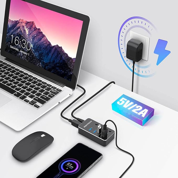 RSHTECH 4 Port Powered USB 3.0/USB C Hub Upgraded Version with 2-in-1 3.3ft USB Cable5V Power Adapter and Individual Switches Portable Aluminum USB Splitter for Laptop and PC RSH-ST04 (Pack of 2)