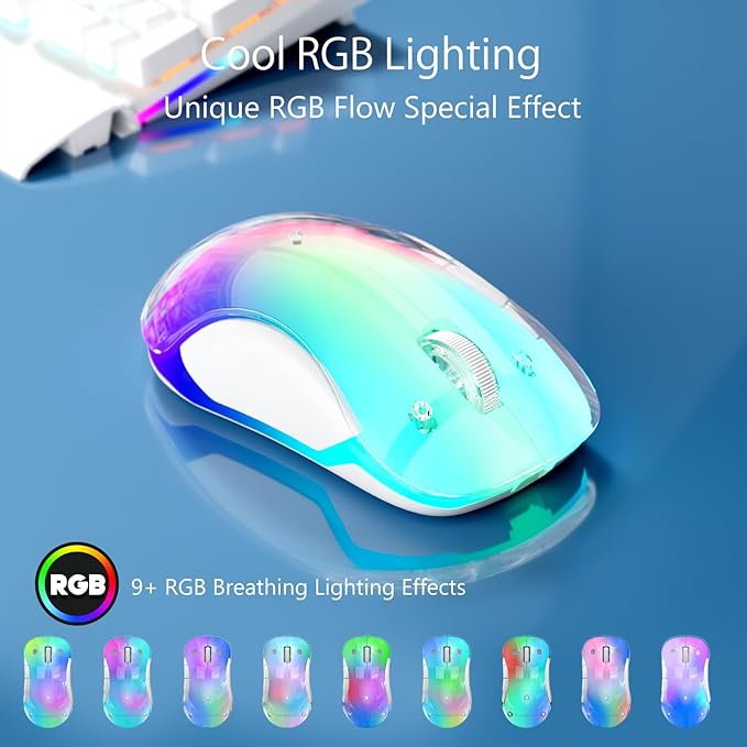 memzuoix 2.4G Wireless Mouse with Customizable Cover &amp 9-Color LED - Rechargeable Ergonomic 1400 DPI 5 Buttons USB Receiver for PC/Mac - Blue