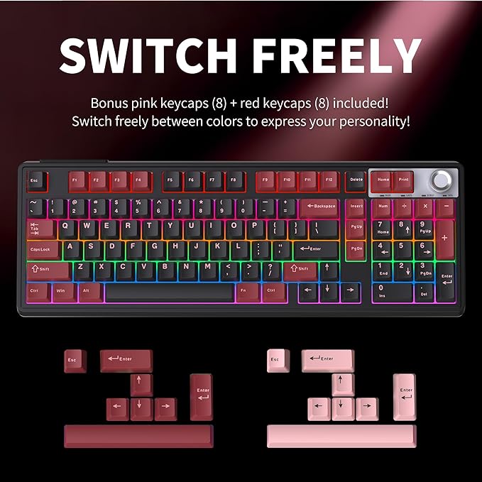 98% Wireless/Wired Membrane Keyboard for Gaming/Officewith knob4000mAh BatteryBT5.0/2.4G/USB-CRGB Backlit PBT KeycapsCompatible with PC/MacBonus Keycaps 2 Sets(8 Each)Computer Keyboard