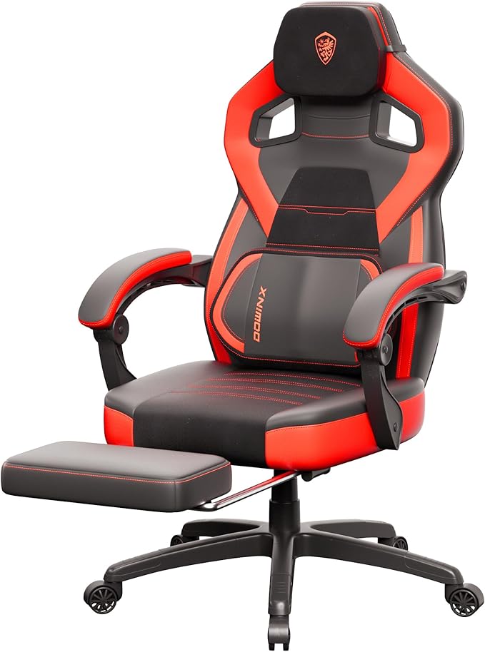 Dowinx Big and Tall Gaming Chair Red Modern High Back PU Leather Steel Frame Ergonomic Adjustable Headrest Footrest Massage Lumbar Support