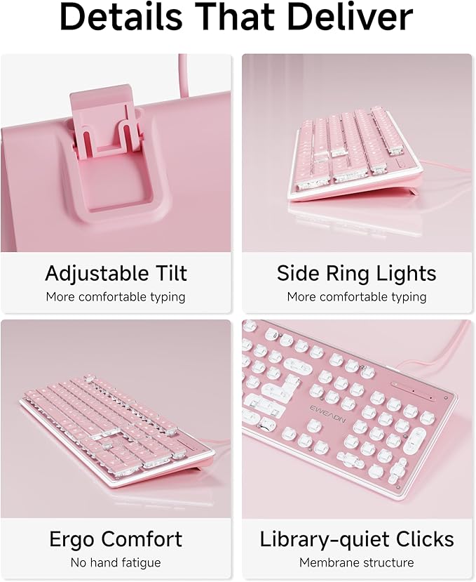 EWEADN GX710S Backlit Computer Keyboards Wired USB Keyboard with White Backlit Metal Panel Plug and Play Pudding Keycaps Full Size Quite Computer Keyboard for Win/PC/Laptop-Pink