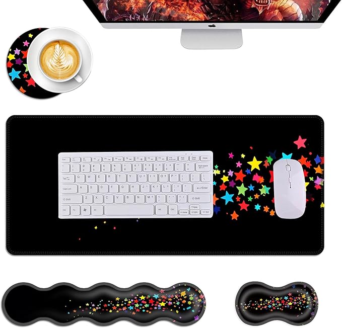 Mouse PadLarge Desk Mat Set 4in1 XL Mousepad + Keyboard Wrist Rest+Mouse Wrist Rest+Coaster with Ergonomic Desk Pad for Home Office Table Computer Cover -Rainbow Stars