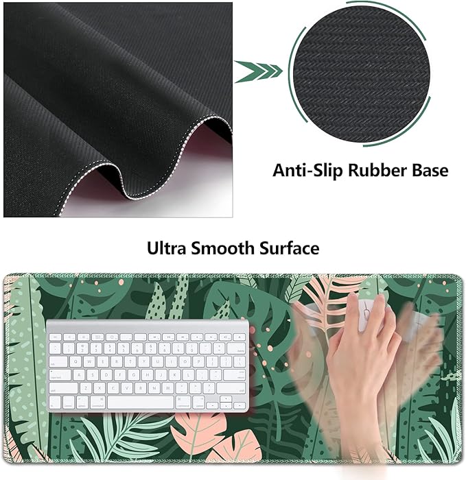 AIMSA Large Gaming Mouse Pad Set Keyboard Wrist Rest Support Mouse Pad Ergonomic Memory Foam Multifunctional Extended Desk Mat 35x15.7in Anti-Slip Rubber Base for Office Home Pink Green Leaves
