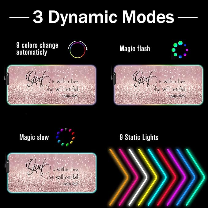 RGB Gaming Mouse Pad with Coffee Coaster XXL Large Glowing LED Mousepad Anti-Slip Rubber Base Computer Keyboard Desk Mouse Mat 31.5 X 11.8 Inch - Quote Bible Verse Psalm 46:5
