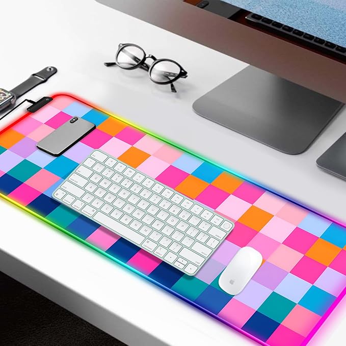 RGB Retro Coloful Checkered Gaming Desk Mat Computer Keyboard Large Extended Long LED Mouse Pad for Office and Home XL (W20)