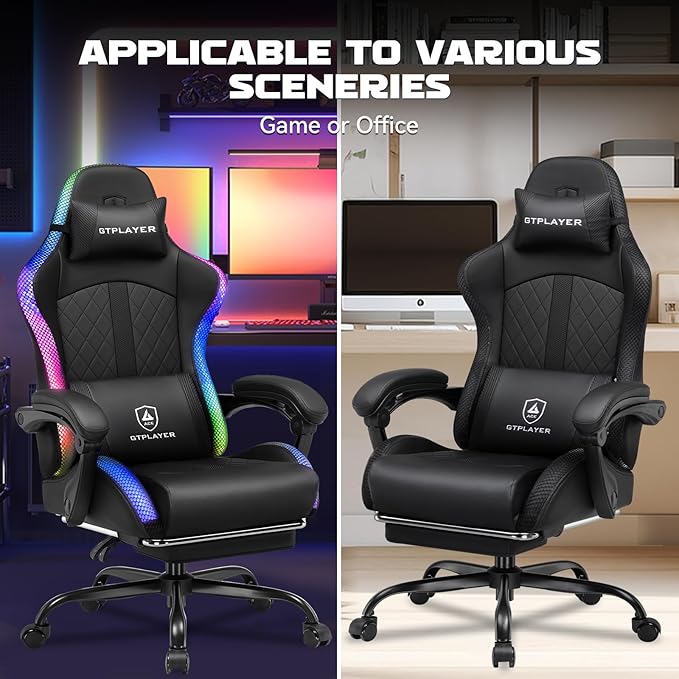 GTPLAYER RGB Gaming Chair with Speakers Computer Gamer Chair with Footrest and LED Lights PC Gamer Chairs for Adults High Back Reclining Office Chairs Linkage Armrest (Black with Speakers)