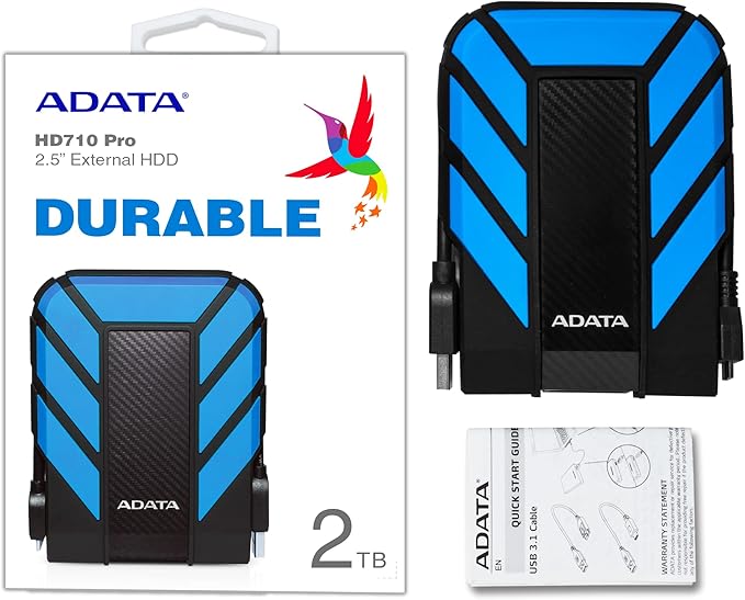 ADATA HD710 Pro - 2 TB External Hard Drive - Shockproof Waterproof &amp Dustproof - Durable Storage - For Gamers Students &amp Professionals - Mac PC &amp Linux Compatible - Blue - AHD710P-2TU31
