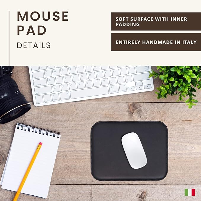 Maruse Italian Leather Mouse Pad for Home or Office Desktop Handmade in Italy Black