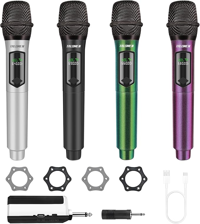 Wireless Microphone Set for Singing 2.4GHz Rechargeable Handheld Microphones System with Receiver(160 Ft) 4 Pack Cordless Dynamic Mic for Speech &amp Events Karaoke Machine Speaker PartyBox