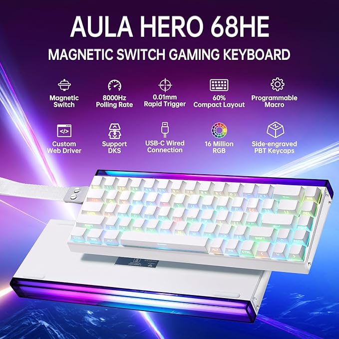 Aula Hero 68 HE 60% Gaming Keyboard Wired Hall Effect Magnetic Switch Keyboard with Adjustable Actuation Fast Trigger Mode 8K Hz Polling Rate 0.125ms LatencySide Printed PBT Keycaps RGB Backlit