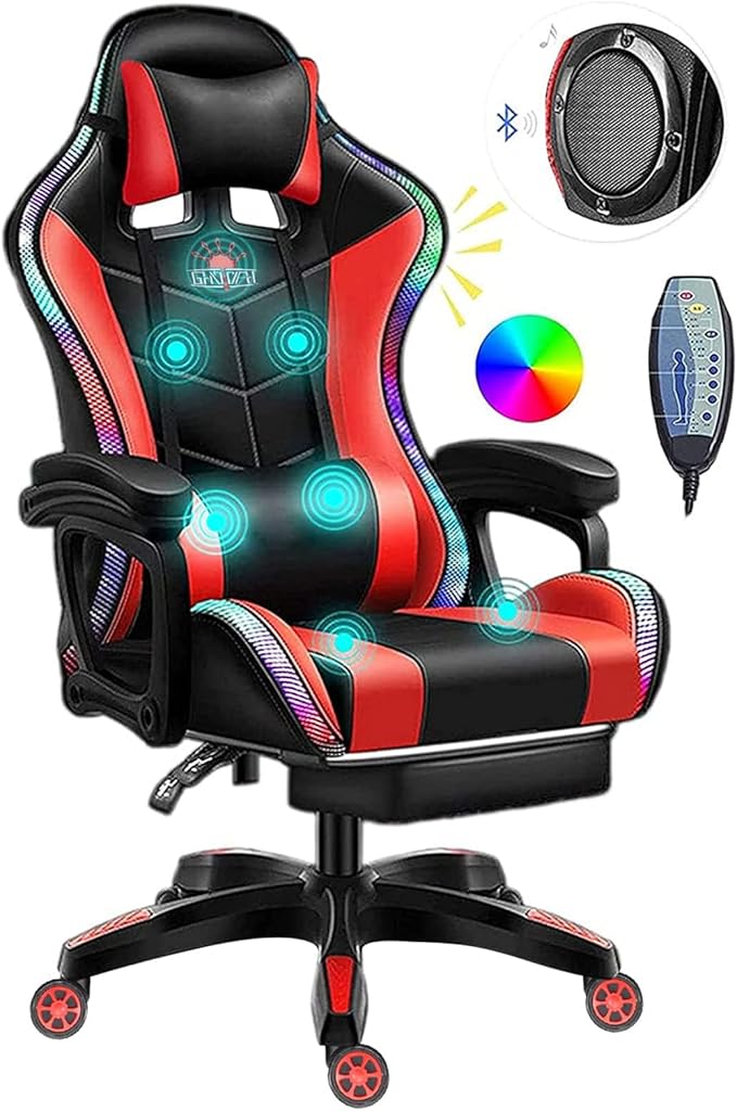 Gaming Chair with RGB LED Lights Video Game Chair Massage Gaming ChairAdjustable Reclining Office Swivel Chair Ergonomic High Back Computer ChairRed