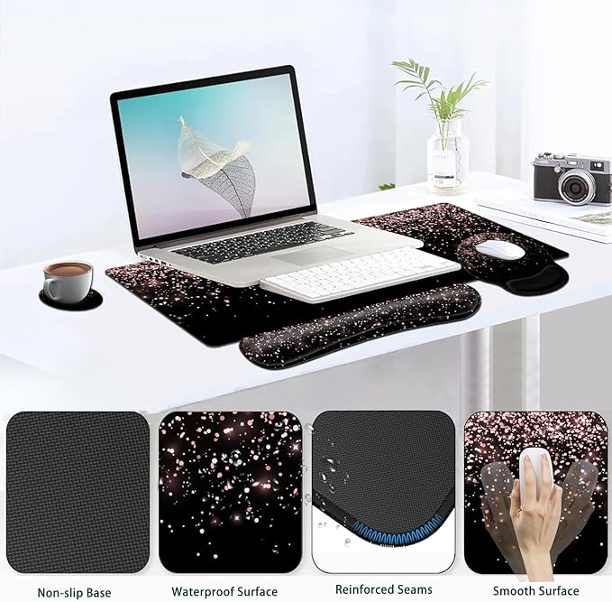 Large Mouse Pad Ergonomic Mouse Pad with Wrist Rest and Keyboard Wrist Rest 4 in 1 Set 31.5 x11.8 inch Extended Desk Pad for Home Office Rose Gold Gradient Gilt Pattern XXL Black Gaming Mouse Mat