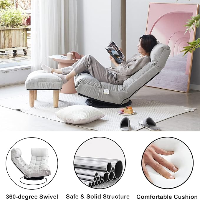 360-degree Swivel Gaming Chair Folding Floor Chair with Adjustable Backrest Cushion Padded Indoor Chaise Lounge with Stool Lazy Sofa Couch Rocker Gaming Chair for Teens and Adults