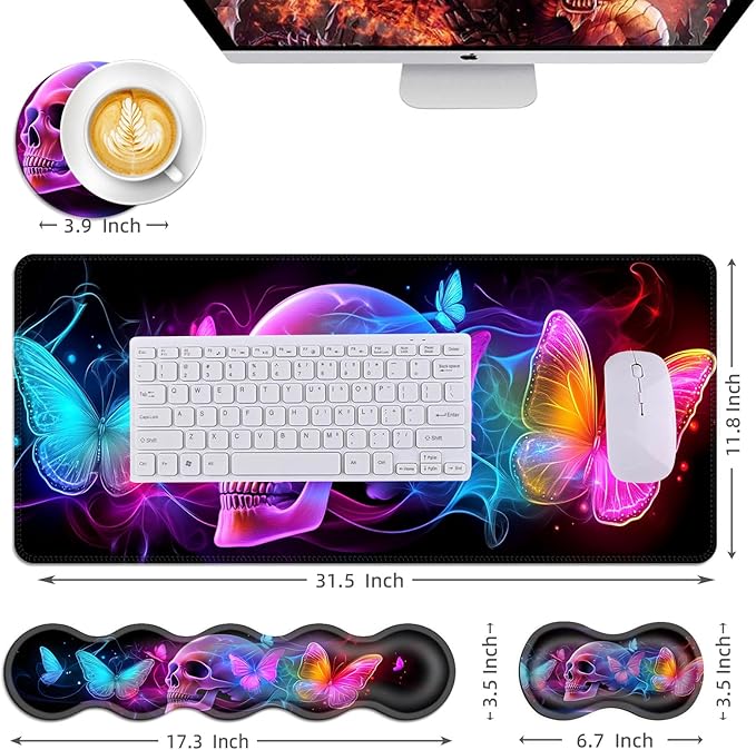 Mouse PadLarge Desk Mat Set 4in1 XL Mousepad + Keyboard Wrist Rest+Mouse Wrist Rest+Coaster with Ergonomic Desk Pad for Home Office Table Computer Cover -Neon Skull with Butterflies