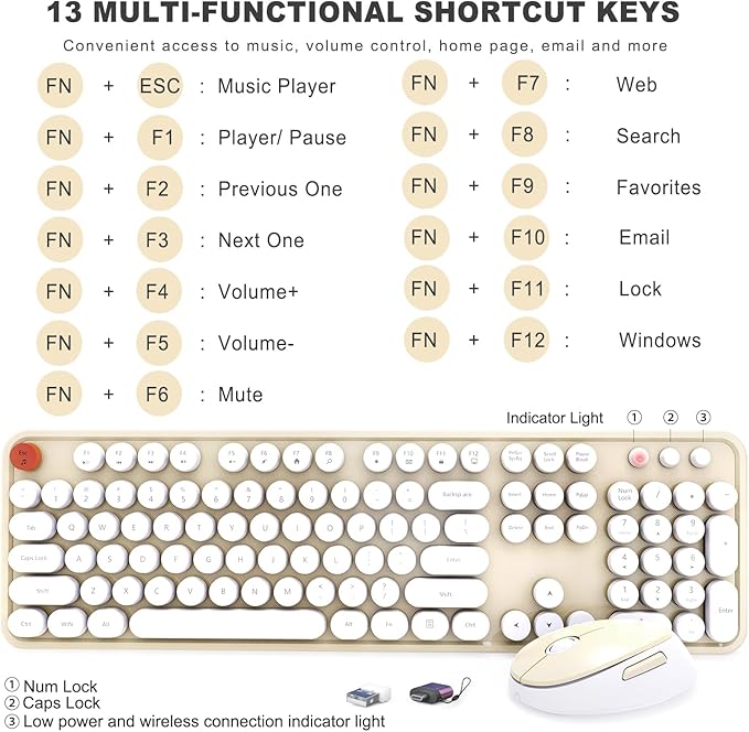 Wireless Keyboard and Mouse Combo Ergonomic Full Size Typewriter Retro Round Keycaps Keyboard Compatible with Windows PC Perfer for Home and Office Keyboards (Beige