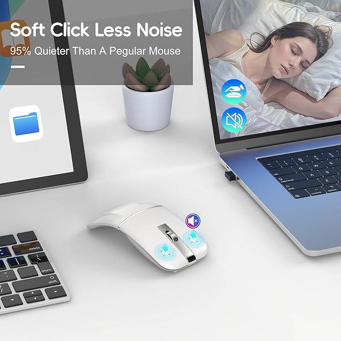 HXMJ- Foldable Bluetooth Travel MouseWireless Portable 2.4G Arc MiceMulti-Device (Bluetooth+2.4G)360° Rotating Rechargeable Flat Mice for Desktop PC Laptops Tablets-White