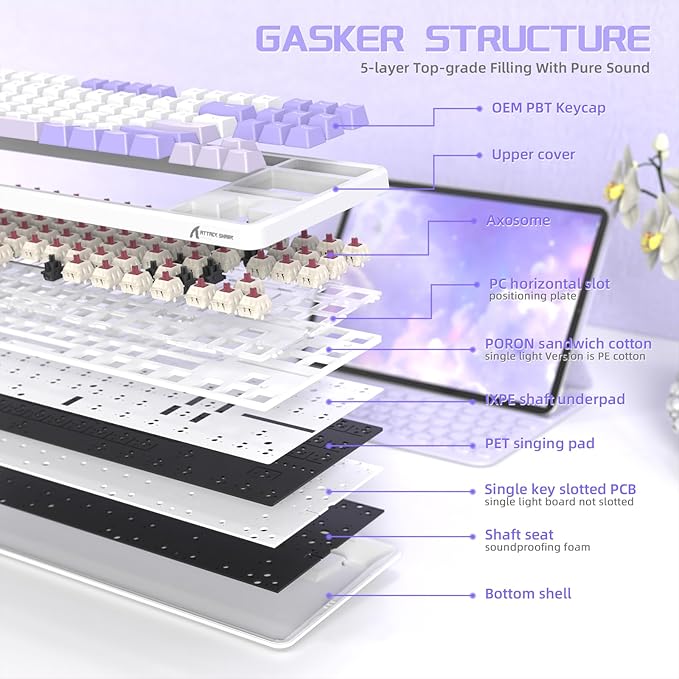 ATTACK SHARK X87 Wireless Mechanical Gaming Keyboard 87 Keys RGB Backlit Gasket Mount PC Gaming Keyboard Compact Hot-Swappable Mechanical Keyboard Sound Absorbing Pads Custom Switch(Purple White)