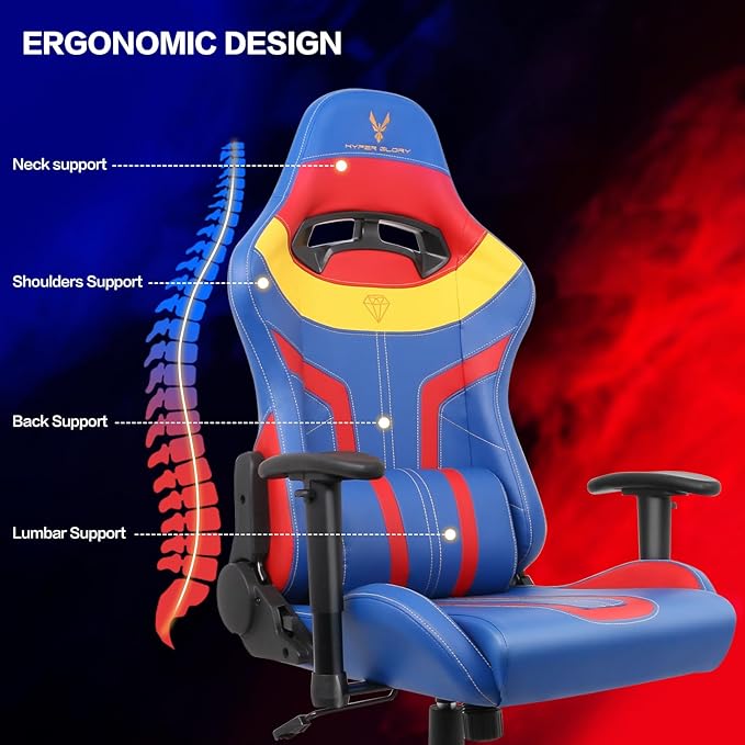 Modern-Depo Video Gaming Chair High Back Ergonomic Computer Chair with Lumbar Support Headrest Height Adjustable Swivel PVC Leather Recliner Blue Red