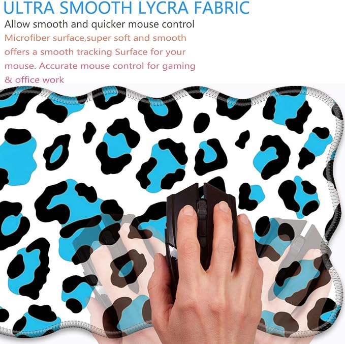 Bxgolkgd Desk Mat SetMouse Pad with Keyboard Wrist Rest &amp Mouse Wrist RestWave-Shaped DesignNon-Slip Rubber BaseErgonomic Desk Mat for HomeOfficeGamingBlue Leopard Print