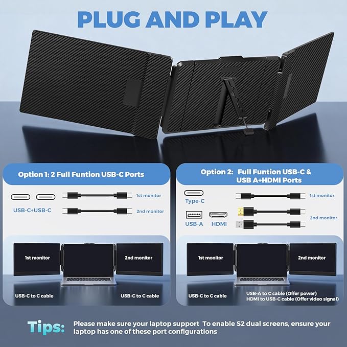 JoyReal Laptop Screen Extender 14 FHD 1080P IPS Portable Monitor for Laptop Triple Screen Extender Monitor USB-C/HDMI Plug-Play for Windows Mac Fit 13-17.3 Laptops