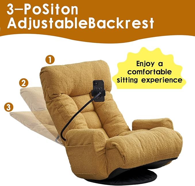 Gaming Lounge Chair Swivel Floor Gaming Chair Adjustable Head and Waist with Armrests &amp Side Pocket &amp Phone Holder Floor Rocker Gaming Chairs for E-Sports Reading Relaxing Watching TV (Y
