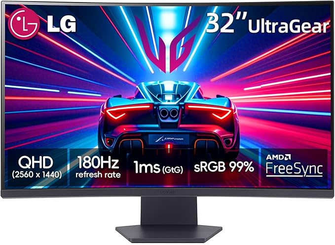 LG 32 Inch Ultragear QHD 1440P Curved Gaming Monitor 180Hz 1ms 1000R Widescreen AMD FreeSync HDR10 Black Stabilizer sRGB 99% DisplayPort &amp HDMI Borderless Design Tilt Adjustment Black