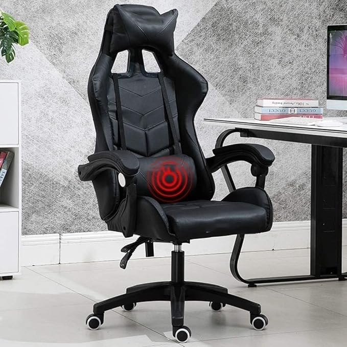 Ergonomic E-Sports Gaming Chair with Massage Lumbar Support Adjustable Height Retractable Footrest USB Massage Pillow(All Black)