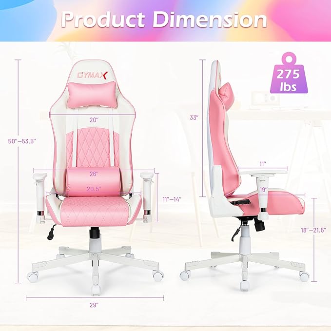 GYMAX Gaming Chair Pink Ergonomic High Back Computer Chair with Headrest &amp Lumbar Support Racing Style Desk Task Rolling Chair for Home Office Gaming Working Studying