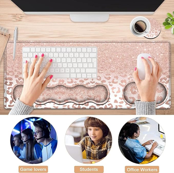 Large Mouse Pad and Gel Mouse Wrist Rest+ Memory Foam Keyboard Wrist Rest Support Set Non-Slip Rubber Base for OfficeHomeComputer Extended Gaming Mousepads XXL Leopard Star Pattern Pink Desk Mat