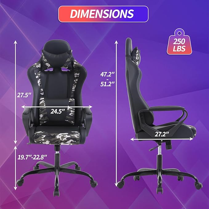 Gaming Chair High-Back Office Chair Ergonomic Video Game Chairs Height Adjustable Reclining Computer Chair with Lumbar Support Armrest Headrest Swivel Chair Game Chair for Adult Teen - Camo