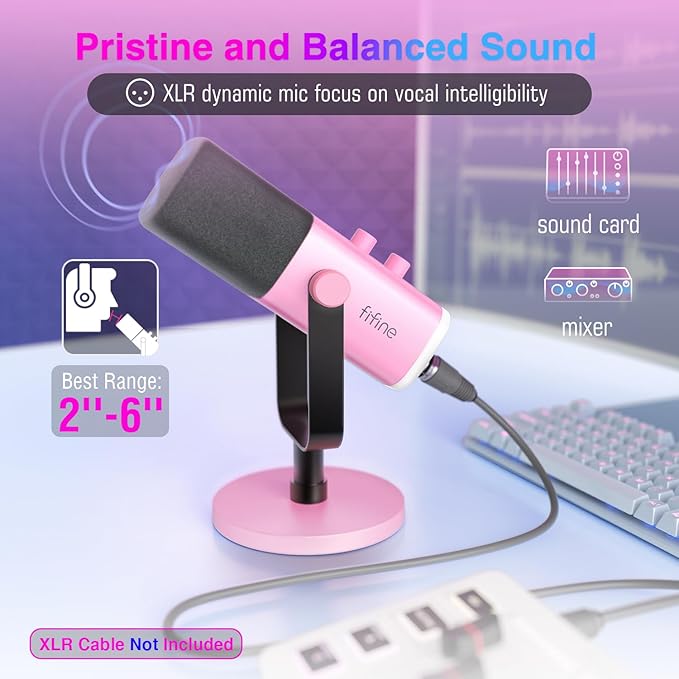 FIFINE XLR/USB Gaming Microphone &amp XLR Cable Bundle Dynamic RGB PC Mic with Monitoring 5.9ft XLR Cord for Studio Streaming Voice-Over &amp YouTube Video-（AM8P+L9CP）