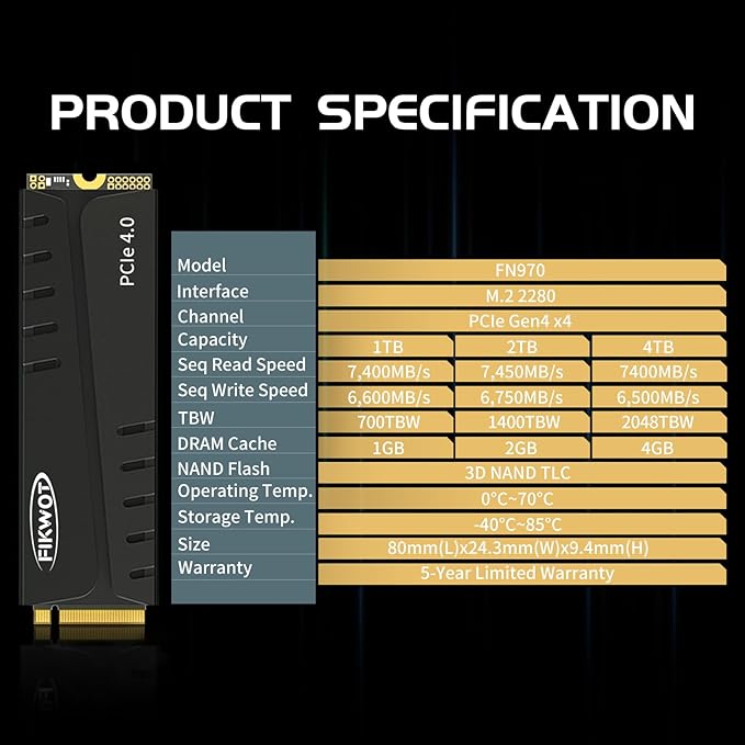 FN970 1TB M.2 2280 PCIe Gen4 x4 NVMe 1.4 Internal Solid State Drive with Heatsink - Speeds up to 7400MB/s Configure DRAM Cache Internal SSD