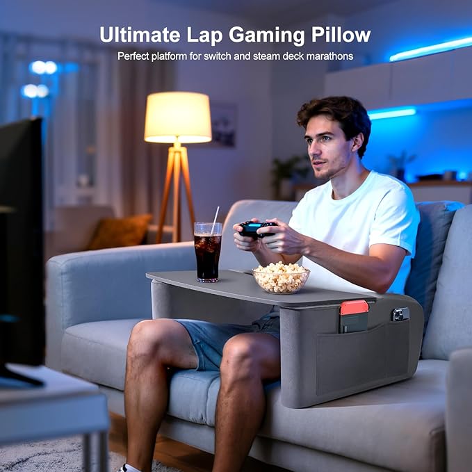 Reading Pillow for Gaming with Ergonomic Arm Rests Wooden Lap Desk for Laptop Support Pillow with Side Pockets for Reading Writing Working Gaming on Bed Couch or Floor (Gray Large)