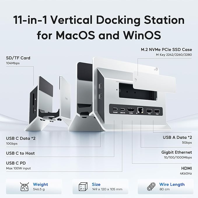 Vertical MacBook Docking Station PULWTOP Docking Station for Mac mini with M.2 NVMe case for MacBook Pro/Air 4K@60Hz HDMI 2USB C 10Gbps SD/TF 100W PD RJ45 2 USB A for Windows Sliver