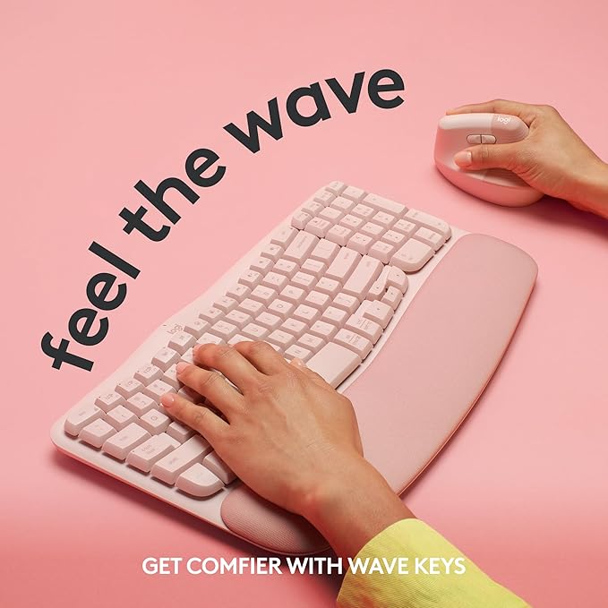 Logitech Wave Keys Wireless Ergonomic Keyboard with Cushioned Palm Rest Comfortable Natural Typing Easy-Switch Bluetooth Logi Bolt Receiver for Multi-OS Windows/Mac - Rose