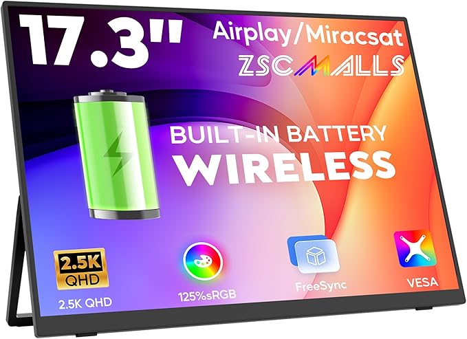 17.3 Wireless Portable Monitor with Built‑in 8000mAh Battery 4H AirPlay &amp Miracast 2.5K QHD 2560x1400 IPS Matte HDR 125% sRGB 500 Nits VESA Auto Rotation for Phone/Tablet USB‑C &amp Mini