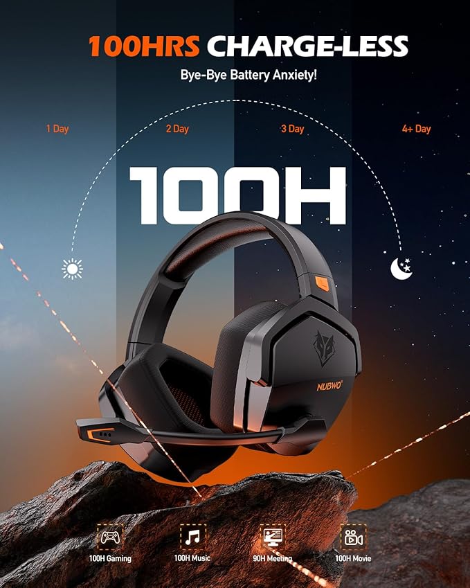 NUBWO Wireless Gaming Headset with Mic for Ps5 Ps4 PC Zero Interference 100-Hour Battery All-Day Play 23ms Sync for Fortnite &amp Call of Duty/FPS Gamers Triple Mode All Devices Compatible - Ora
