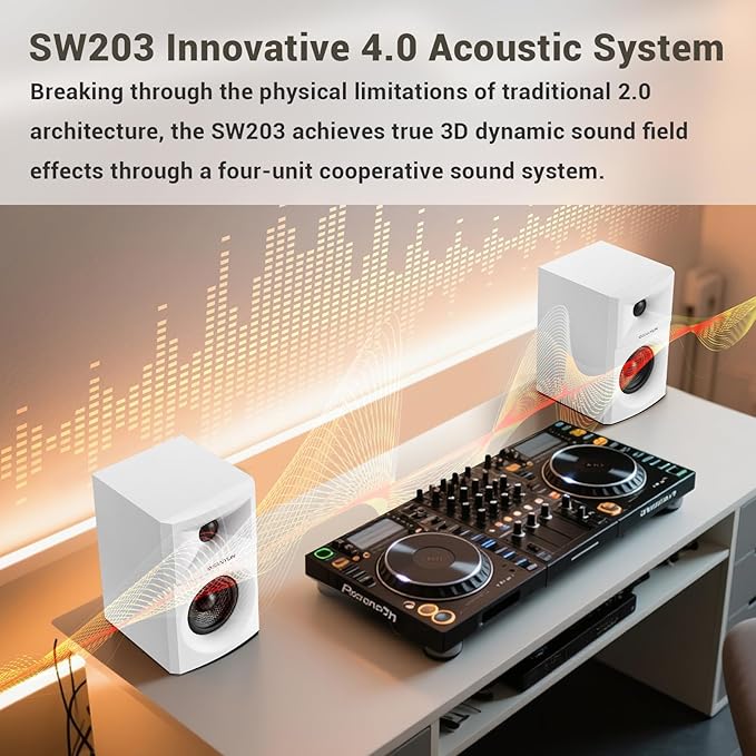 Sanyun SW203 4.0 Computer Speakers - 60W 4-Way DSP Control 3D Immersive Sound - 3 Carbon Fiber Woofer &amp 20mm Silk Dome Tweeter - 24bit DAC USB/Bluetooth 5.4/AUX - Studio-Grade Audio (Pair White)