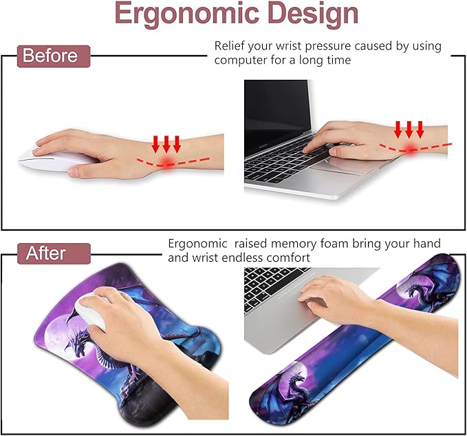 Mouse Pad with Wrist Support Office Easy Typing Games to Relieve Fatigue Non-Slip and Durable Soft Memory Foam Keyboard Wrist Rest Ergonomic Gel Smouse Pad Cartoon Cute Purple Cool Dinosaur