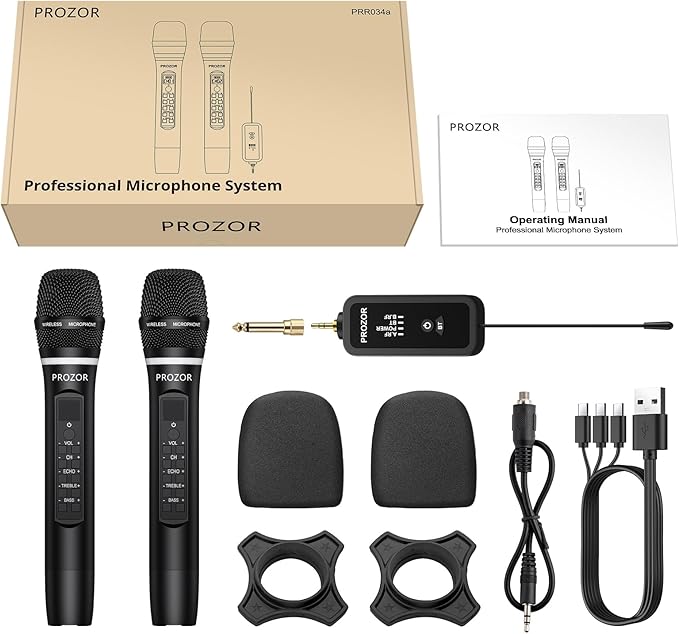PROZOR UHF Wireless Microphone with Volume Treble Bass Echo Control Wireless Rechargeable Mic Dual Handheld Dynamic Mic System with Rechargeable Receiver for Karaoke Machines DJ Church Weddings