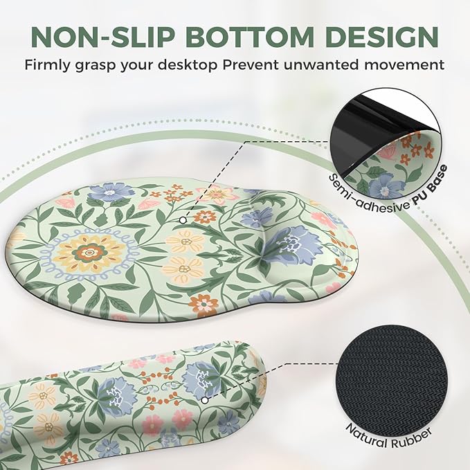 iCasso Desk Cover Mat Gaming Mouse Pad Wrist Support Set4in1 XXL Large Mousepad + Keyboard Wrist Rest+Mouse Wrist Rest+Coaster Set with Ergonomic Design for Home Office Table Computer(Green Flowers)