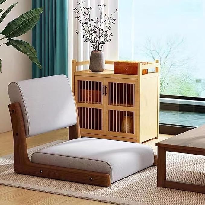 BTZHY Floor Chair Wooden Portable Floor Chair Japanese Style Legless Tatami Chair with Back Support Home Bay Window Lazy Chair Meditation Floor Seating for Living Room Bedroom(White)