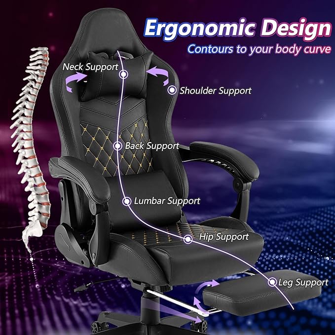 Giantex Gaming Chair High Back Video Game Chair with Footrest Headrest &amp Lumbar Support Ergonomic Computer Chair w/Rocking Function Height Adjustable Swivel Task Chair Black