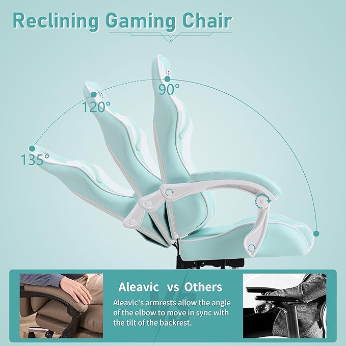 ALEAVIC Gaming Chair with Massager Fabric Gaming Chairs for Adults Ergonomic Gamer Chair with Adjustable Headrest and Lumbar Support Reclining Computer Game Chair High Back Light Blue