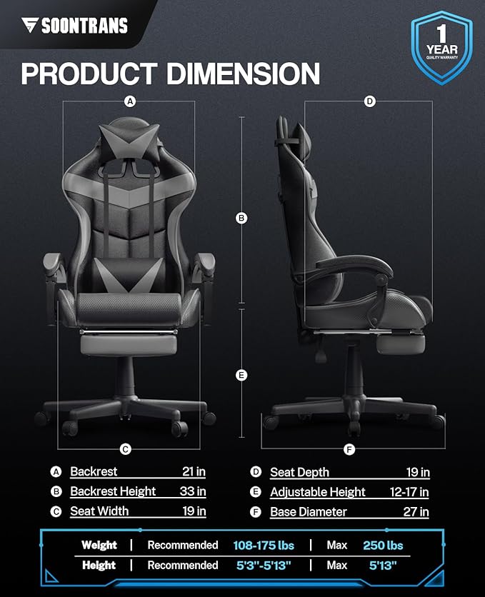 Soontrans Grey Gaming Chairs with FootrestErgonomic Computer Game Chair Gamer Chair with Lumbar Pillow and Adjustable Headrest (Galaxy Grey)