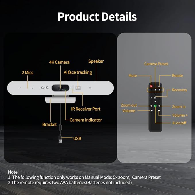4K All-in-One Video Bar USB Video Conference System 4K 8MP Conference Camera &amp Hi-Fi Speaker &amp 2 Noise-reducing Mics Auto Framing &amp Speaker Tracking 94°FOV Auto Light Correction Plug