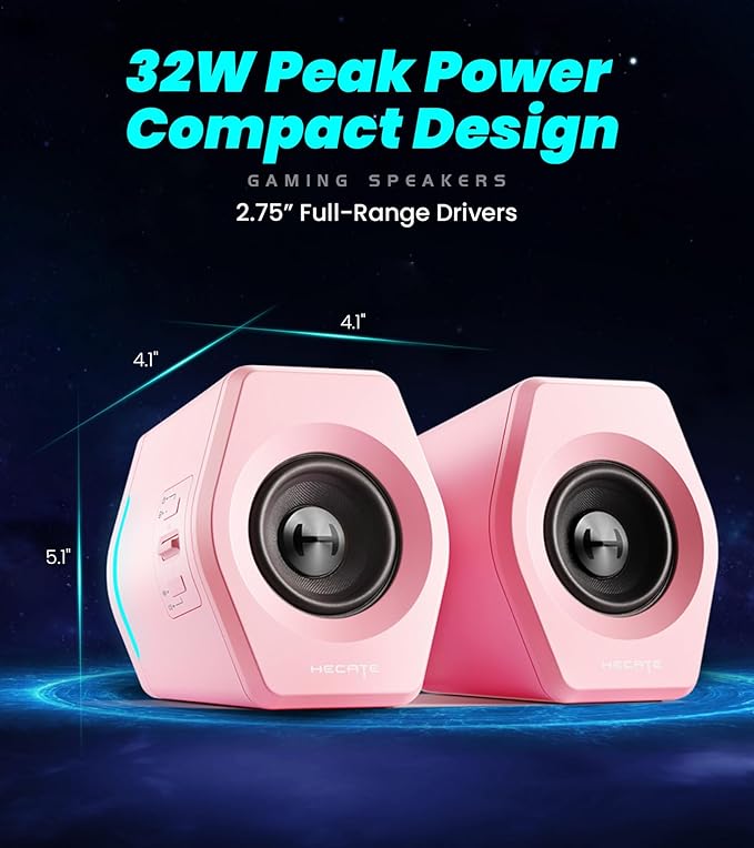 Edifier G2000 RGB Gaming Speakers 32W Peak Power Compact Design for PC/PS4/Desktop Bluetooth 5.1 3.5mm AUX Game/Movie/Music Modes 12 RGB Lighting Effects - Pink